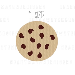 May include: A tan-colored embroidered cookie with dark brown chocolate chips. The text "9 SIZES" is above the cookie. The design is on a white background. This image is suitable for embroidery projects.