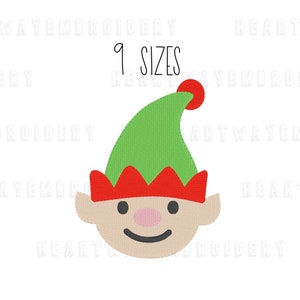 May include: Embroidered design of an elf with a green hat, red trim, and a smiling face. The design is available in 9 sizes.