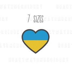 May include: Heart-shaped embroidery design featuring the Ukrainian flag colors: blue and yellow. The design is outlined in black and says "7 SIZES" in black text.