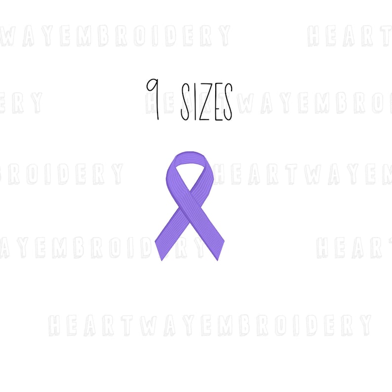 May include: Purple ribbon awareness symbol with the text "9 SIZES" above it.