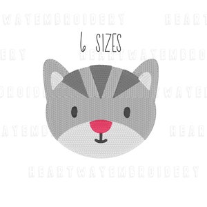 May include: A gray and white cat face embroidery design with a pink nose. The design is available in 6 sizes.