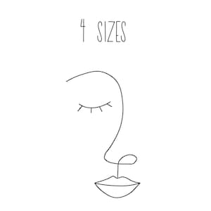 May include: Line art illustration of a face with closed eyes, a nose, and a mouth. The text "4 SIZES" is above the face.