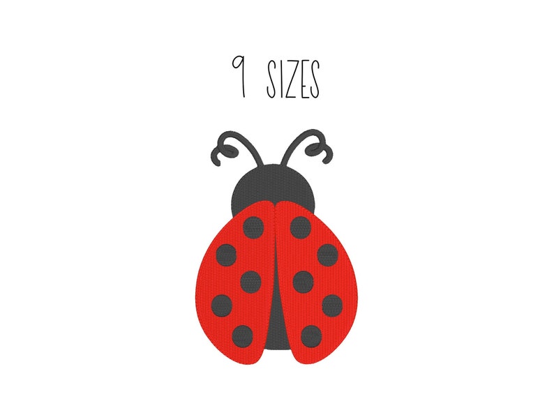 Puede incluir: Una mariquita roja con manchas negras y antenas grises. La imagen incluye el texto "9 SIZES".