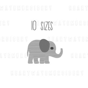 May include: A gray elephant embroidery design with 10 sizes available. The elephant is facing right and has a gray body, a gray trunk, and a gray ear. The elephant's eye is black.