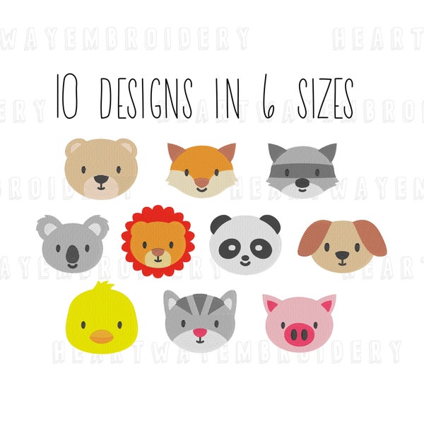 Animal heads embroidery design set 6 SIZES - animals embroidery design bundle - dog cat chick pig fox raccoon bear koala panda lion