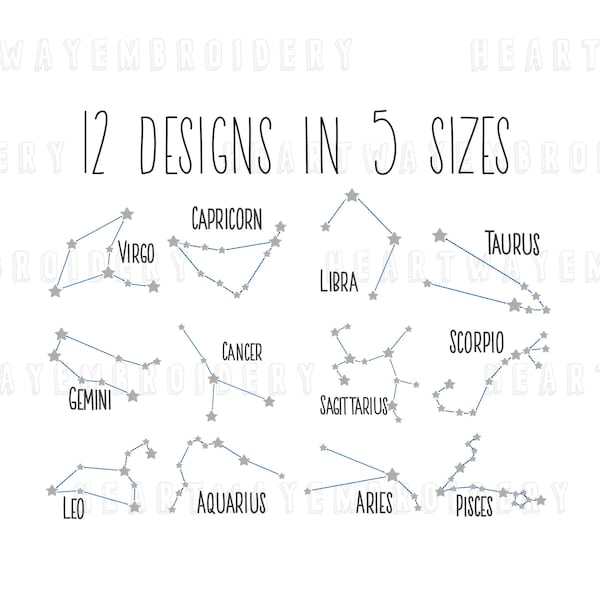 Constellations embroidery design bundle 12 designs in 5 sizes - astrological signs embroidery design zodiac embroidery designs stars
