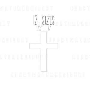 Può includere: Un disegno in bianco e nero di una croce con 12 dimensioni diverse, che vanno da 0,75 pollici a 6 pollici. Il testo "12 SIZES" e ".75" - 6" sono sopra la croce.