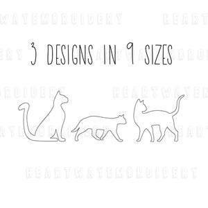 May include: Three outline designs of cats in various poses. The text "3 DESIGNS IN 9 SIZES" is above the cat outlines.