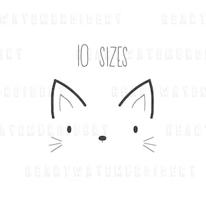 Peut inclure: Un dessin au trait simple d'un visage de chat avec de grandes oreilles, deux petits yeux et un nez. Le texte "10 SIZES" est au-dessus du visage du chat.