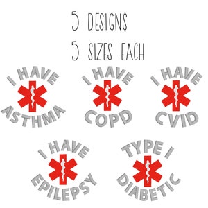 Medical alert embroidery design set - 5 SIZES each - med alert small size for embroidery on face mask or bag