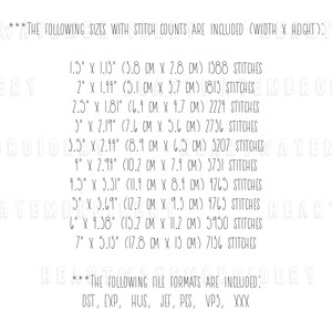May include: A list of embroidery file sizes and stitch counts in inches and centimetres. The file formats included are DST, EXP, HUS, JEF, PES, VP3, and XXX.