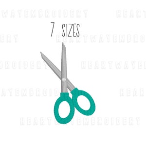 May include: A pair of silver scissors with teal handles. The scissors are open and the blades are visible. The text "7 SIZES" is above the scissors.