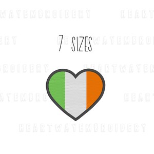 May include: A green, white, and orange heart-shaped design with the text "7 SIZES" above it.