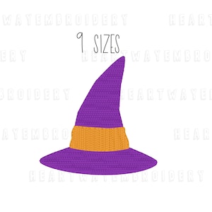 May include: Purple and orange witch hat embroidery design. 9 sizes.