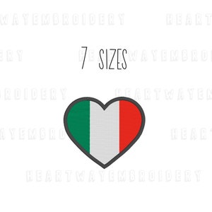 May include: An embroidered heart-shaped patch with the colors of the Italian flag: green, white, and red. The text "7 SIZES" is above the patch.