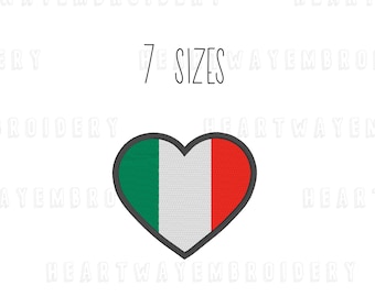 Diseño de bordado de corazón con la bandera de Italia: Archivo de bordado italiano (7 tamaños) (Descarga digital)