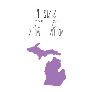 Może przedstawiać: Fioletowy zarys stanu Michigan z tekstem "1/4 SIZES .75" - 8" 2 CM = 20 CM"