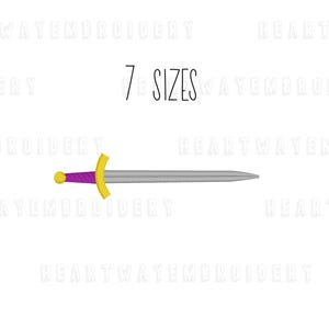 May include: A silver sword with a gold hilt and a purple handle. The text "7 SIZES" is above the sword. The sword is a medieval design, likely for embroidery or crafting projects.