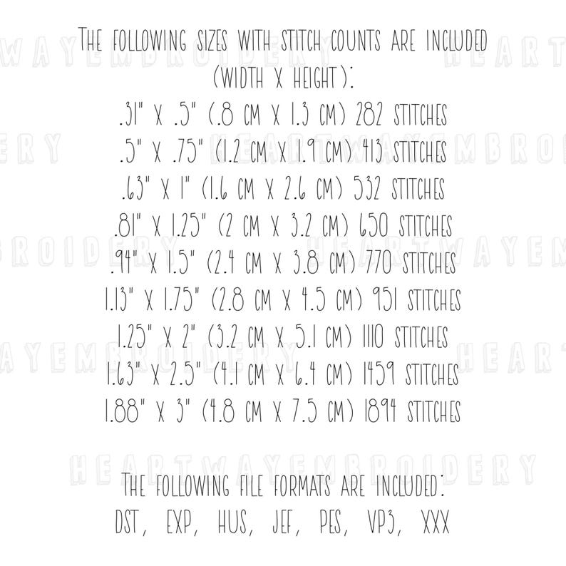 May include: A list of embroidery file sizes with stitch counts and corresponding measurements in inches and centimeters. The file formats included are DST, EXP, HUS, JEF, PES, VP3, and XXX.