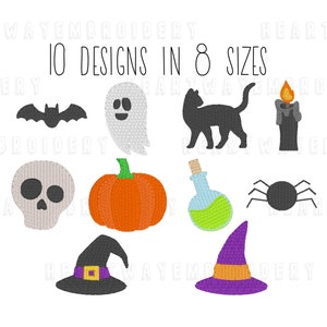 May include: Ten Halloween embroidery designs in eight sizes. The designs include a ghost, a bat, a pumpkin, a skull, a witch's hat, a black cat, a potion bottle, a spider, and a candle.