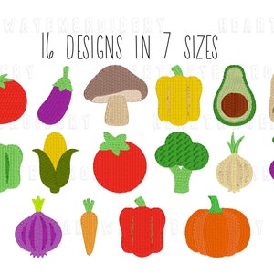 May include: 16 embroidery designs of various vegetables and a mushroom in 7 sizes. The designs include a tomato, aubergine, mushroom, bell pepper, avocado, potato, green pepper, corn, broccoli, onion, beetroot, onion, carrot, red pepper, and pumpkin.