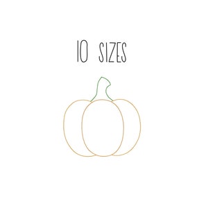 May include: Line drawing of a pumpkin with the text "10 SIZES" above it.