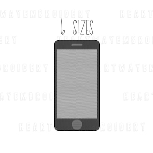 Può includere: Uno smartphone nero con uno schermo bianco e un pulsante home nero. Il testo "6 SIZES" è sopra il telefono.