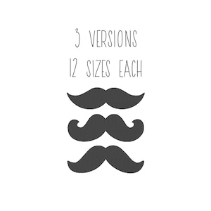 Peut inclure: Trois styles de moustaches différents en noir, chacun avec 12 tailles. Le texte "3 VERSIONS 12 SIZES EACH" est au-dessus des moustaches.