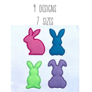 May include: Four different colored bunny silhouettes, pink, blue, green, and purple.  The image text reads "4 DESIGNS 7 SIZES".