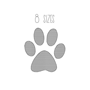 May include: A black and white paw print graphic with the text "8 SIZES" above it.