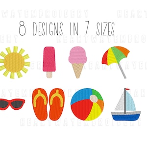 Pode incluir: Oito desenhos de bordado com tema de verão em sete tamanhos. Os desenhos incluem um sol, um picolé, um cone de sorvete, um guarda-sol de praia, chinelos, uma bola de praia e um veleiro.