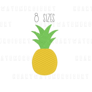 May include: A yellow pineapple with green leaves. The text "8 SIZES" is above the pineapple.
