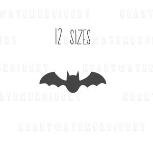 May include: A black silhouette of a bat with 12 sizes available. The text "12 SIZES" is written in black above the bat.