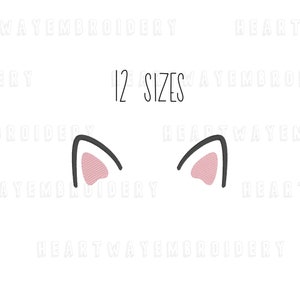 May include: A digital embroidery design of a pair of cat ears. The ears are black with pink inside. The text "12 SIZES" is above the ears.
