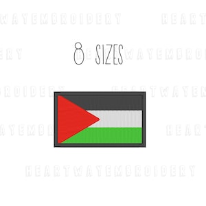 May include: An embroidered patch of the Palestinian flag. The flag is black, white, green, and red. The flag is rectangular with a red triangle in the upper hoist corner. The flag is surrounded by a black border.