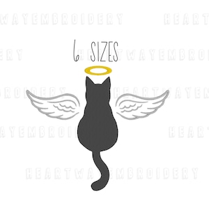 Könnte beinhalten: Schwarze Katzensilhouette mit Engelsflügeln und Heiligenschein, mit dem Text "6 SIZES" darüber.