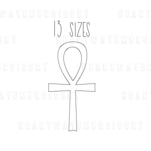 May include: A black and white line drawing of an Ankh symbol, an ancient Egyptian hieroglyph. The text "13 SIZES" is above the symbol.