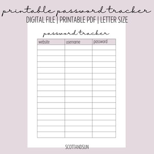 Wachtwoordtracker afdrukbare digitale download | Minimale afdrukbare tracker | Brief PDF| Directe download