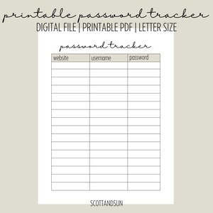 Password Tracker Printable Digital Download| Minimal Printable Tracker| Neutral Minimalist| Letter PDF| Instant Download