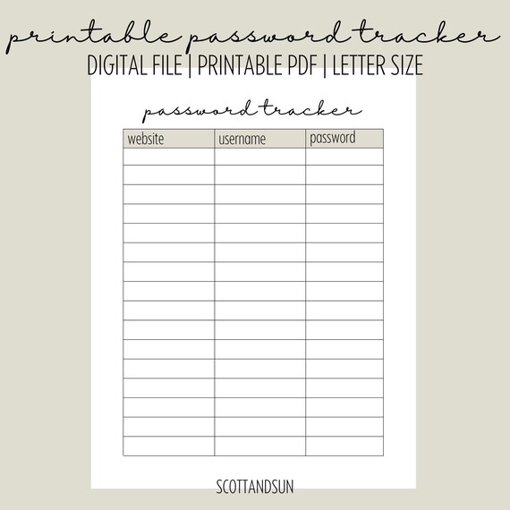 Password Tracker Printable Digital Download Minimal Printable - Etsy