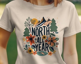Unisex Nature-Inspired Tee, Mountain Graphic Floral Surround, Casual Outdoor Adventure Shirt, All-Year Comfort Fit Top, Eco-Friendly Gift