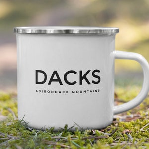 Camping Mug, Metal Campfire Coffee Cup, Hiking Adventure Camper Gift, Outdoor Enamel Camp Mug, DACKS Adirondack Mountains Acronym Design