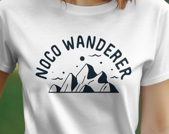 NOCO Wanderer T-Shirt, Mountain Graphic Tee, Outdoor Adventure Shirt, Unisex Nature Hiking Apparel, Casual Wilderness Explorer Top