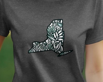 Botanical Leaf Pattern New York State Outline Graphic T-Shirt, Nature Inspired Casual Tee, Unisex Shirt for Plant Lovers