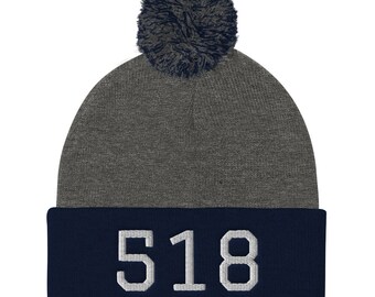 Upstate New York 518 Area Code Slouchy Pom Pom Hat, Knit Hat, New York Gift, Winter Hat, 518 Gift, Area Code Hat, New York Cap, NY Hat