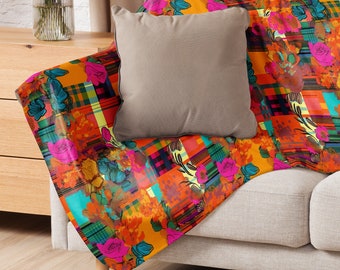 Abstract Floral Plaid Sherpa Blanket, Bright Cheerful Colors