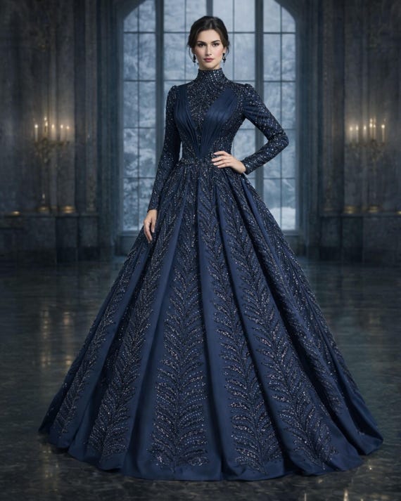 midnight beaded dress Long Beaded Formal Dress with Three-Quarter Sleeves Midnight / 8