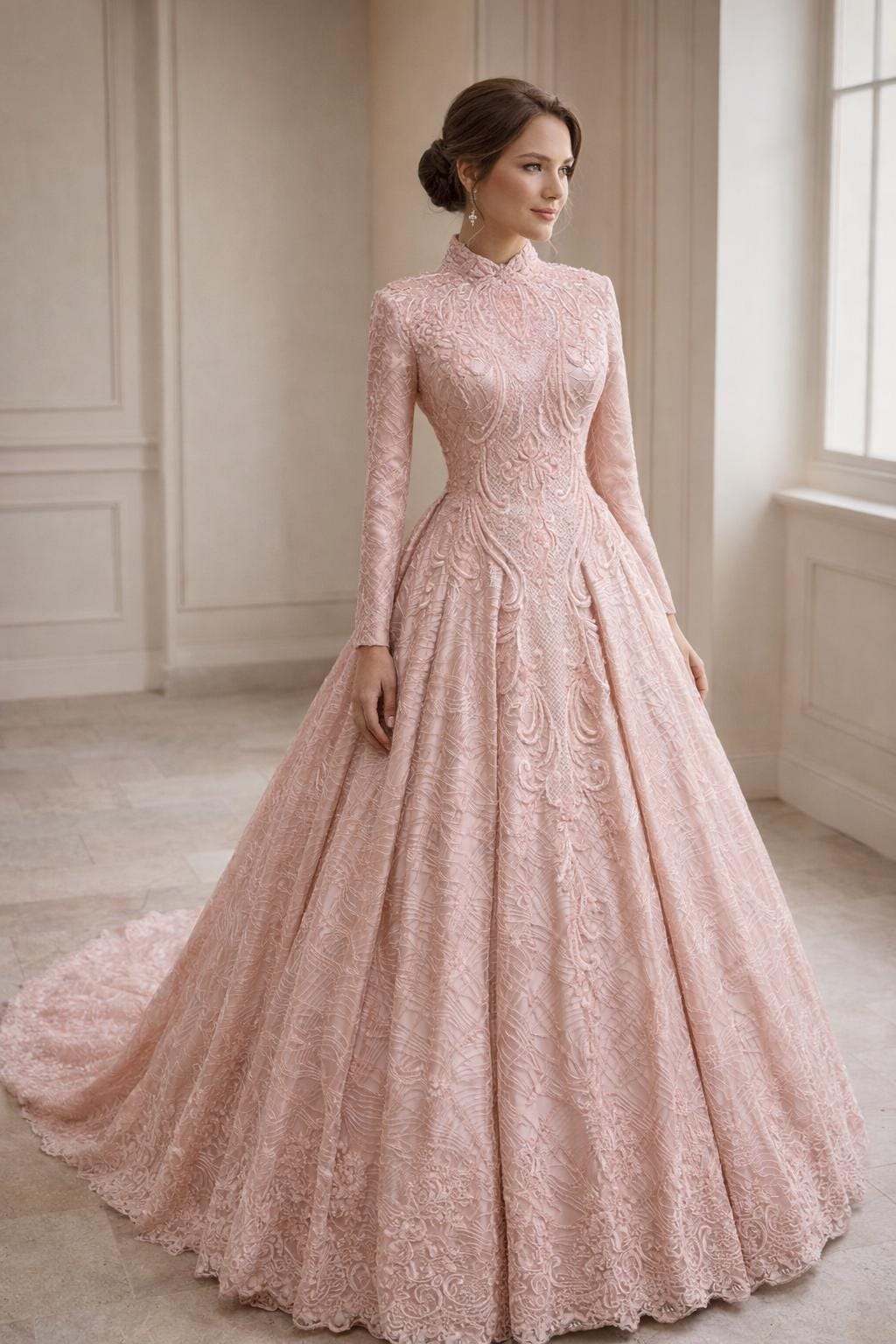 long sleeve pink wedding dress Ivory Lace Long-sleeved Wedding Gown Light Pink Tulle Skirt  loveangeldress