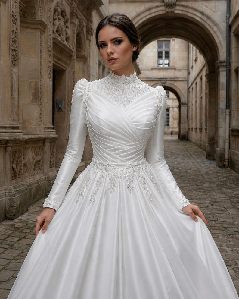 Modest wedding dress with high neck long sleeves, elegant satin styling and timeless bridal sophistication