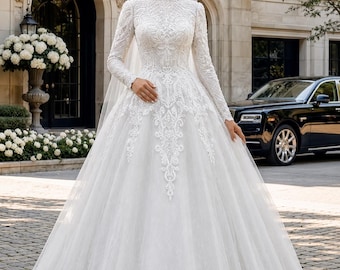 Vestido de novia modesto, vestido de novia victoriano, cuello alto, manga larga, vestido de baile con perlas, vestido de novia de princesa